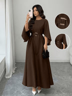 Elegant and Refined Women's Batwing Sleeve Cinched-waist Bridesmaid Dress, Suitable for Daily Commutes, Casual Outings, Dates, Parties, Graduation Ceremonies, Valentine's Day, and Other Occasions - Coffee Color