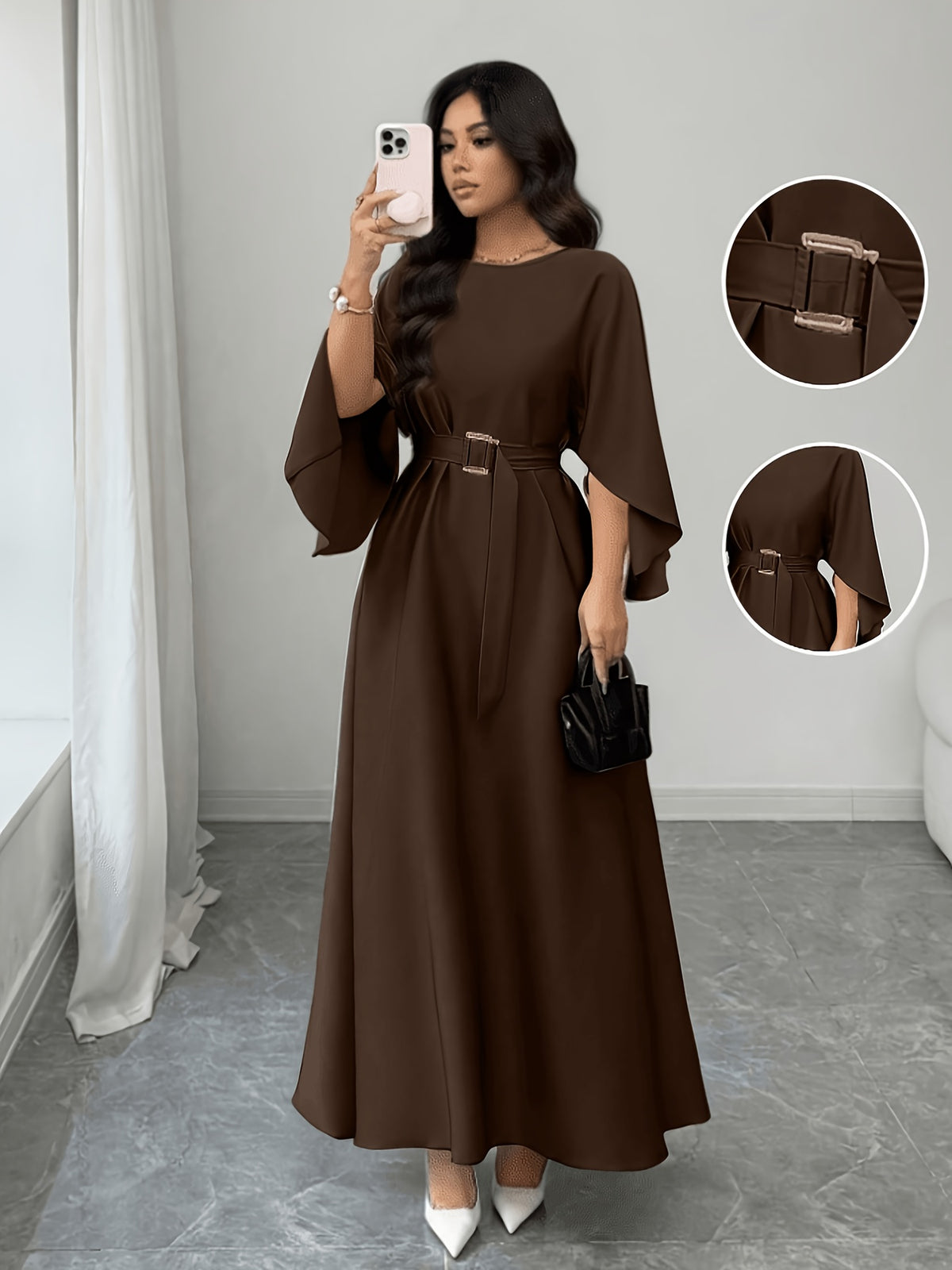 Elegant and Refined Women's Batwing Sleeve Cinched-waist Bridesmaid Dress, Suitable for Daily Commutes, Casual Outings, Dates, Parties, Graduation Ceremonies, Valentine's Day, and Other Occasions - Coffee Color