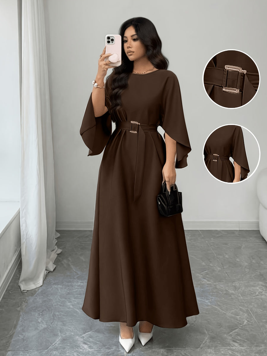Elegant and Refined Women's Batwing Sleeve Cinched-waist Bridesmaid Dress, Suitable for Daily Commutes, Casual Outings, Dates, Parties, Graduation Ceremonies, Valentine's Day, and Other Occasions - Coffee Color