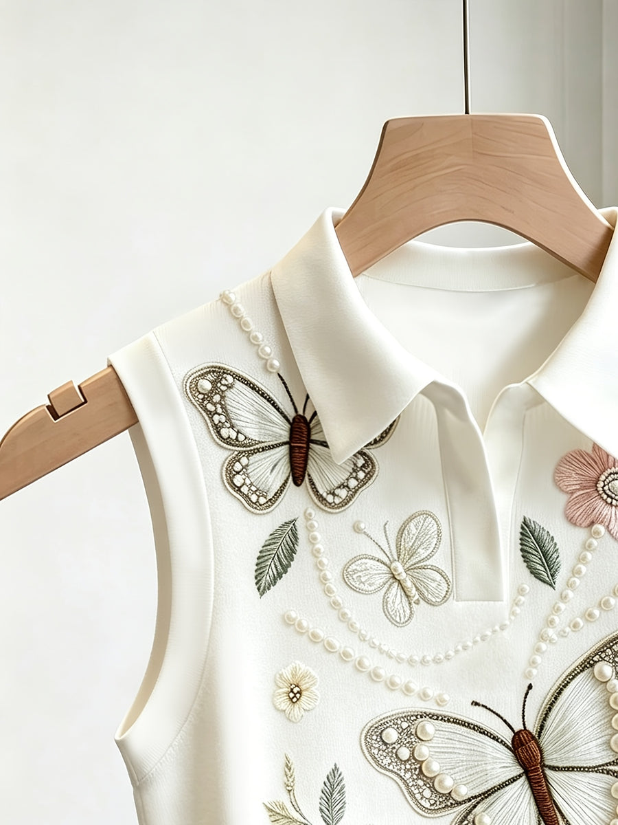 Elegant and Stylish New Spring/summer Women's Polo Collar Floral Print Waist-cinching Slim-fit Design Statement Short Casual Versatile Sleeveless Tank Top - White