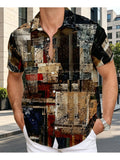 Men's Hawaiian Shirt with an Abstract Collage Print Consisting of Multiple Color Blocks and Lines, a Button-up Short-sleeve Top - Multicolor