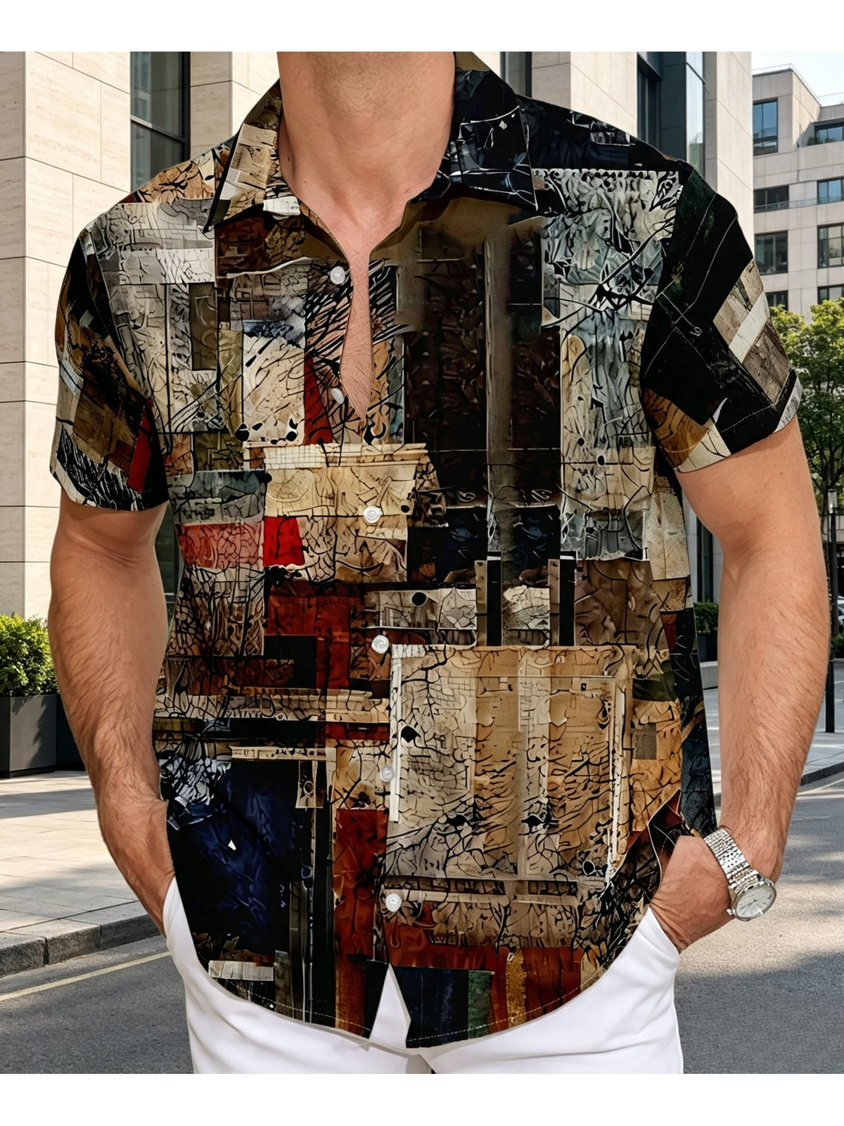 Men's Hawaiian Shirt with an Abstract Collage Print Consisting of Multiple Color Blocks and Lines, a Button-up Short-sleeve Top - Multicolor