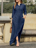 European And American Women'S Clothing, Elegant, Fashionable, Neutral Style, Long-Sleeved Lapel Cardigan, Solid Color, Long Dress - Navy Color