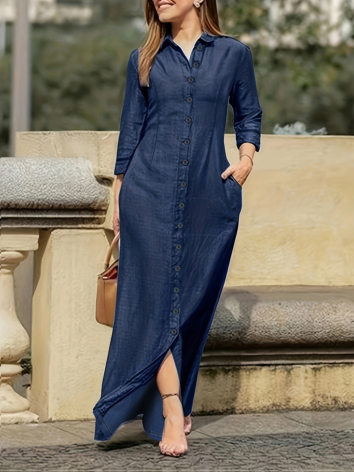 European And American Women'S Clothing, Elegant, Fashionable, Neutral Style, Long-Sleeved Lapel Cardigan, Solid Color, Long Dress - Navy Color