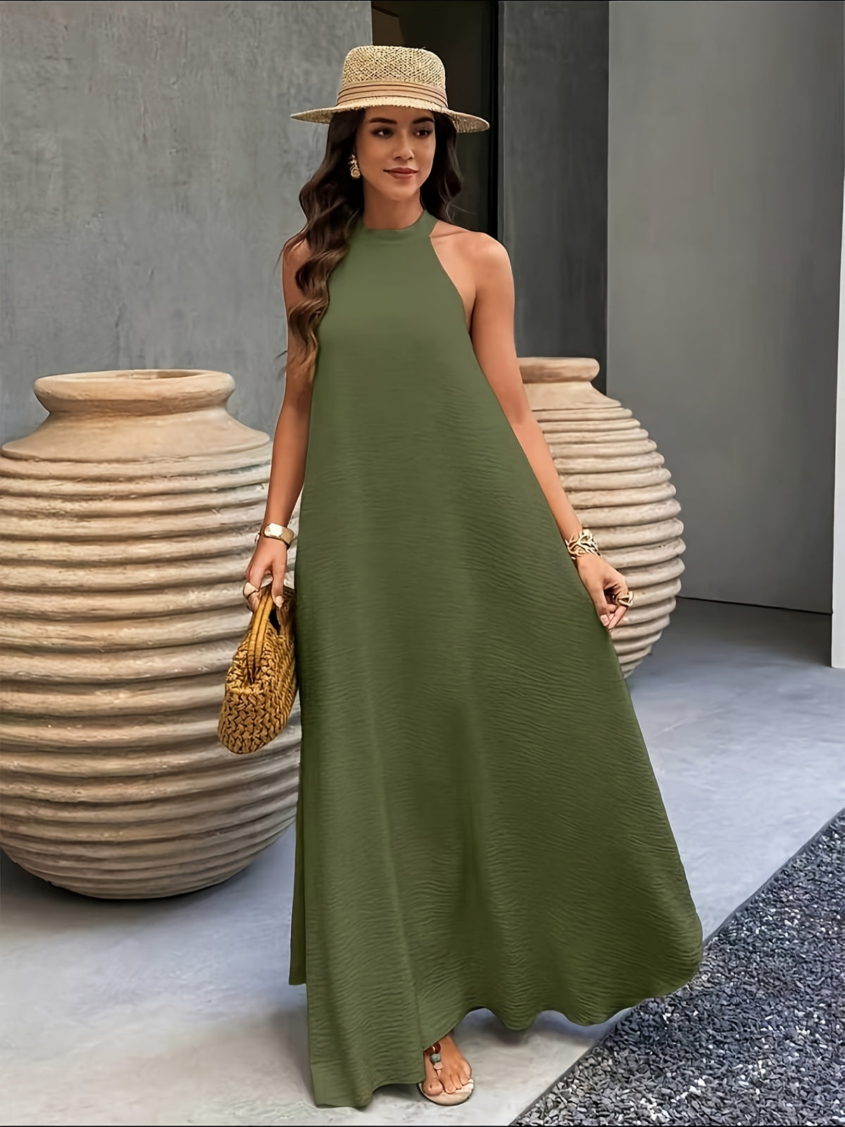 Women's Army Green Halter Neck Back Tie Bow Sleeveless A-Line Maxi Dress - Flowy Wedding Dress, Bridesmaid Gown, Beach Dress with Back Bow Detail, Machine Washable Solid Color Outfit Suitable for Vacation, Casual & Formal Wear - Green