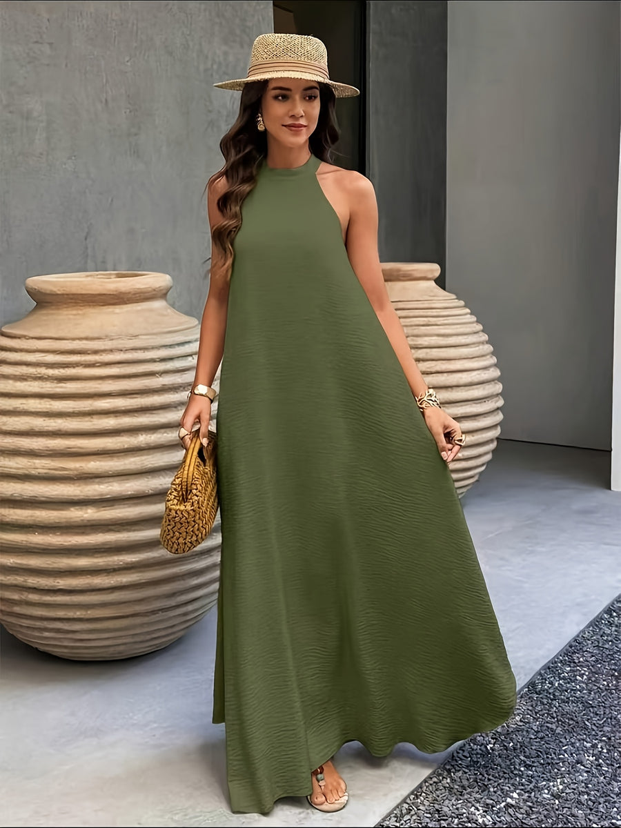 Women's Army Green Halter Neck Back Tie Bow Sleeveless A-Line Maxi Dress - Flowy Wedding Dress, Bridesmaid Gown, Beach Dress with Back Bow Detail, Machine Washable Solid Color Outfit Suitable for Vacation, Casual & Formal Wear - Green