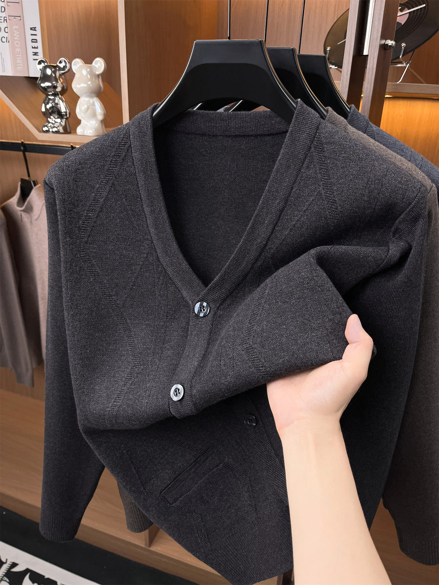 Autumn/Winter Knitted Solid Color V-Neck Sweater, Basic Knit Cardigan, Men's Fashion Long-Sleeve Knitwear, Set Y - Black