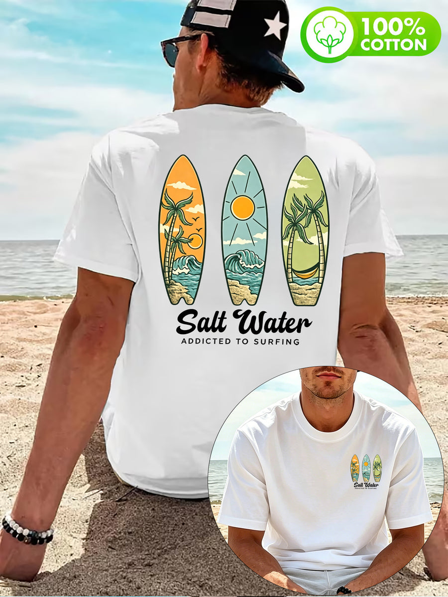Men'S 100% T-Shirt, "Salt Water" Vintage Surfboard Front And Back Print Design, Casual Trendy Street Sport Short Sleeve T-Shirt Summer New Style, Round Neck Short Sleeve Summer Top, Casual Street Style, Suitable for Summer Daily Outdoor Wear - White