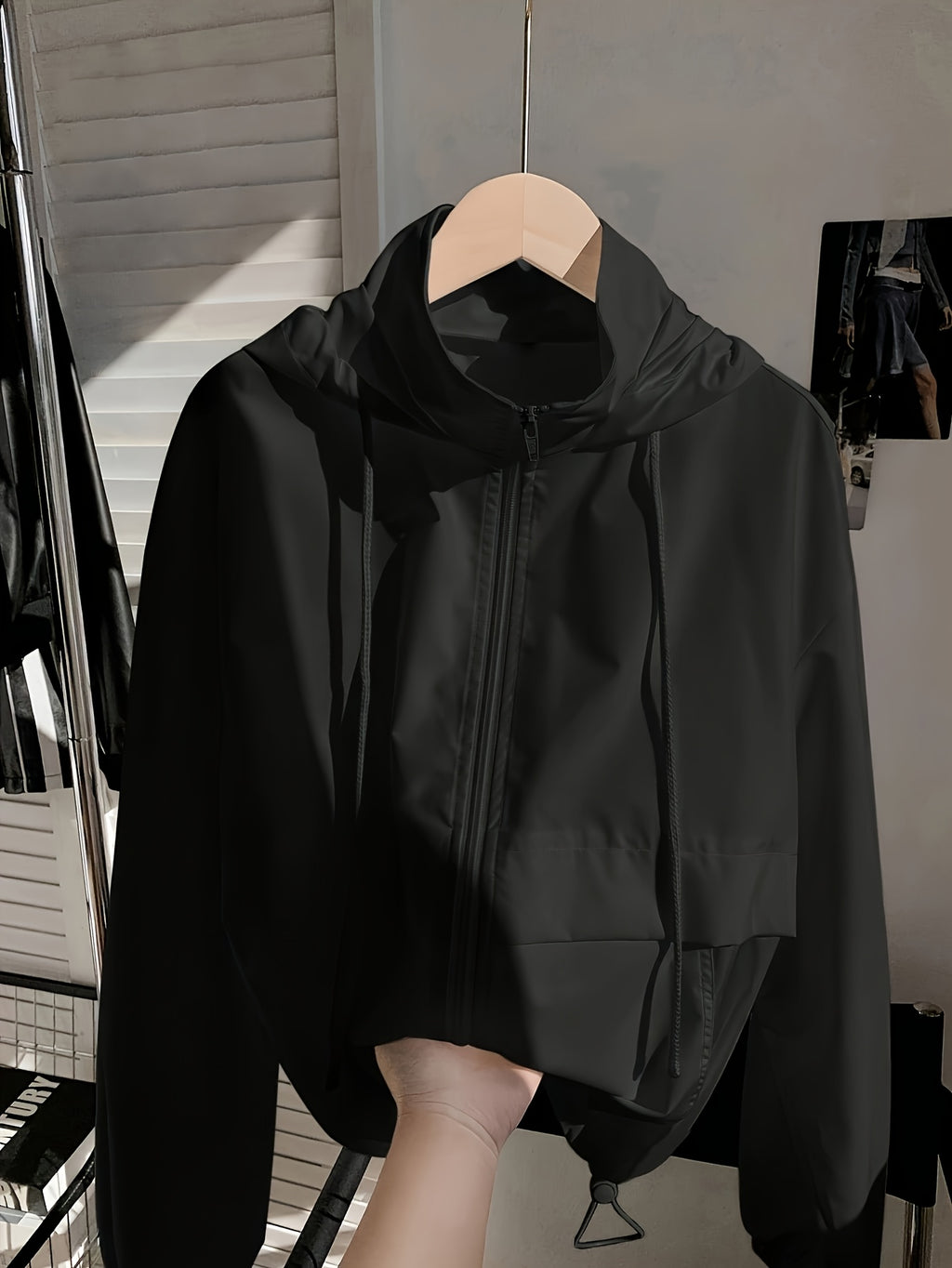 Women'S Solid Color Casual Drawstring Hooded Jacket, Stylish Windbreaker with Pockets, Long Sleeve Stand Collar Zip-Up Top - Black