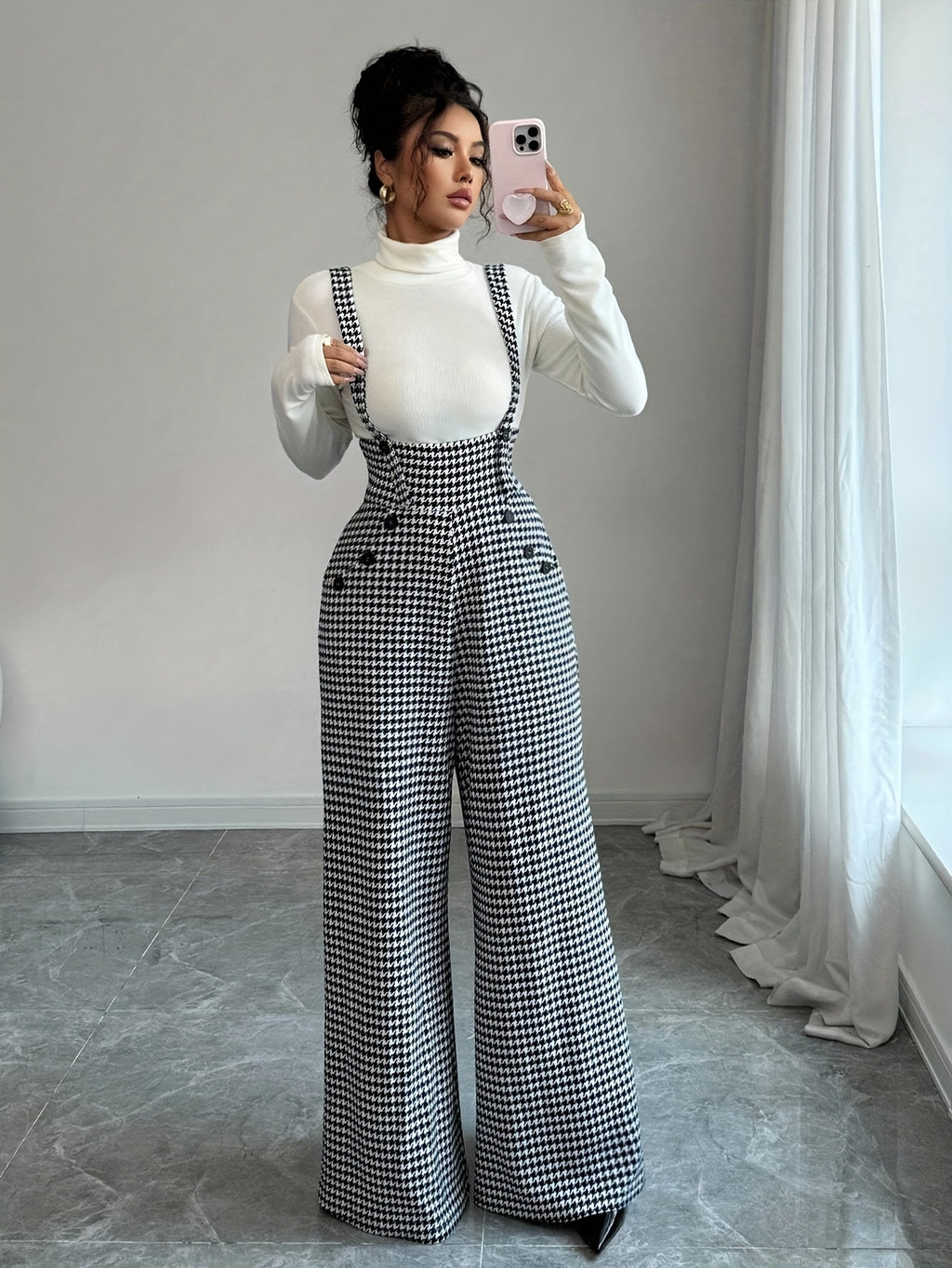 Elegant Women's Houndstooth Print Spaghetti Strap Wide-Leg Jumpsuit - Black