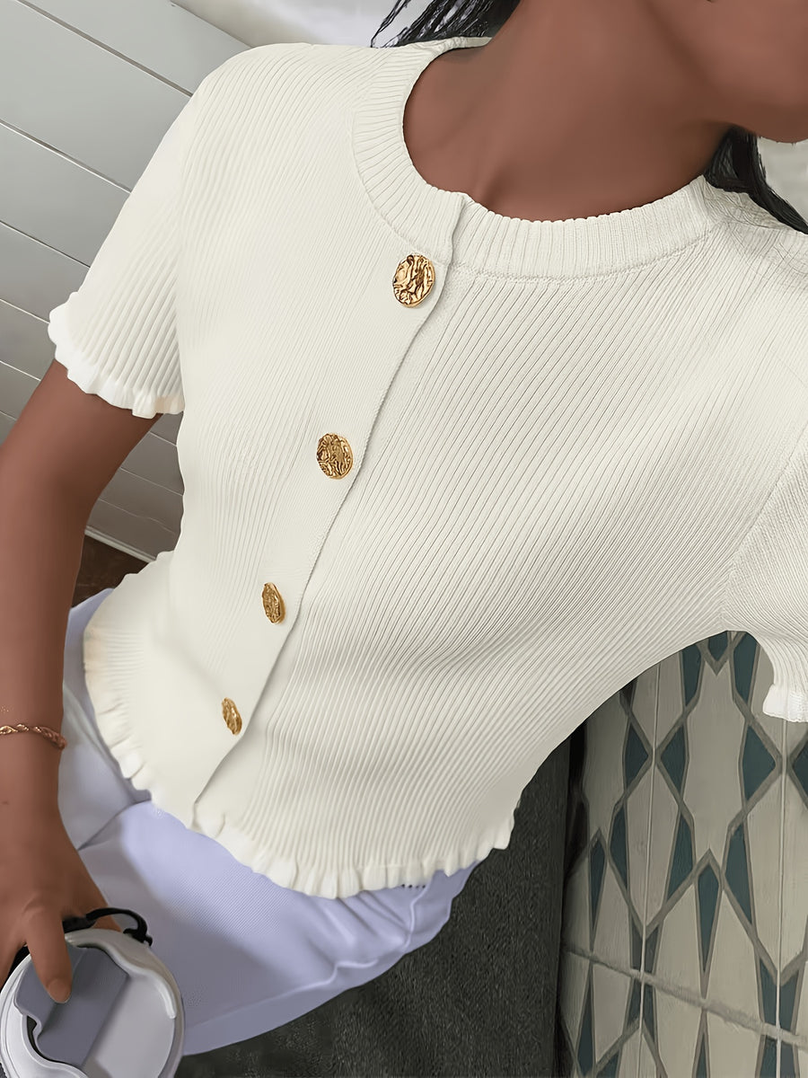 New Summer 2026 Button-Earring Edge Design, Elegant Casual Short Sleeve, Suitable for Dating and Daily Wear, Short Women's Cardigan - White