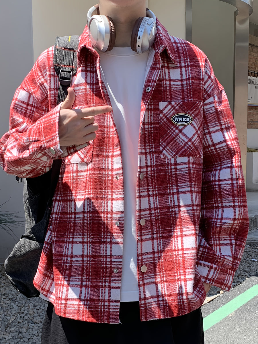 23420 Men'S Fashion Casual Plaid Small Fragrant Style Long Sleeve Shirt - Burgundy