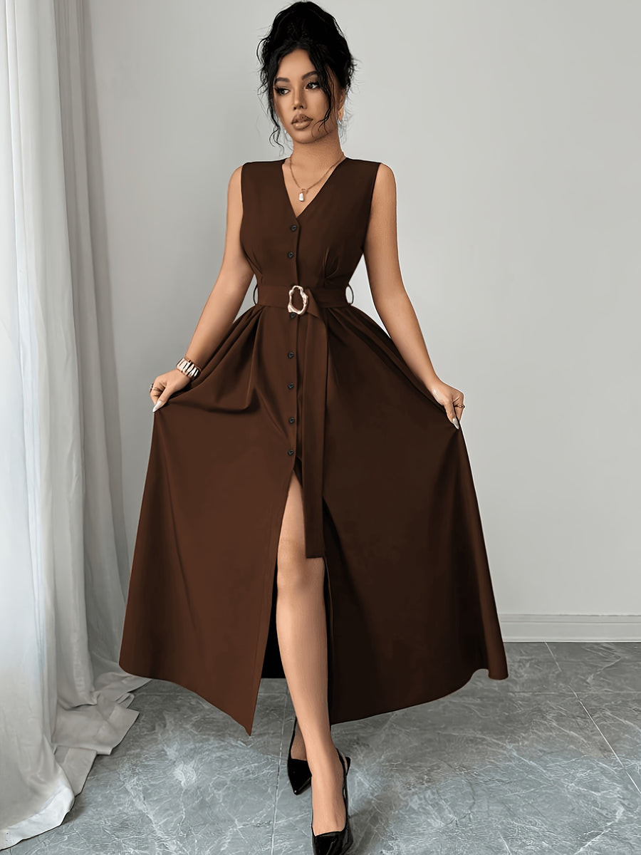 New Women's Sleeveless V-Neck Cardigan with Metal Rings, Elegant Slim-Fit Long Bridesmaid Dress, Versatile for Commuting, Parties, and Music Festivals - Dark Brown