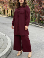 Eid | Elegant Plain Fril Muslim 2pcs Jalabiya Set | Elegant Abaya Women Modest with Pocket & Placket Ruffle Trim + Loose Wide-Leg Pants | Daily Home Leisure Commute Wear - Fuchsia