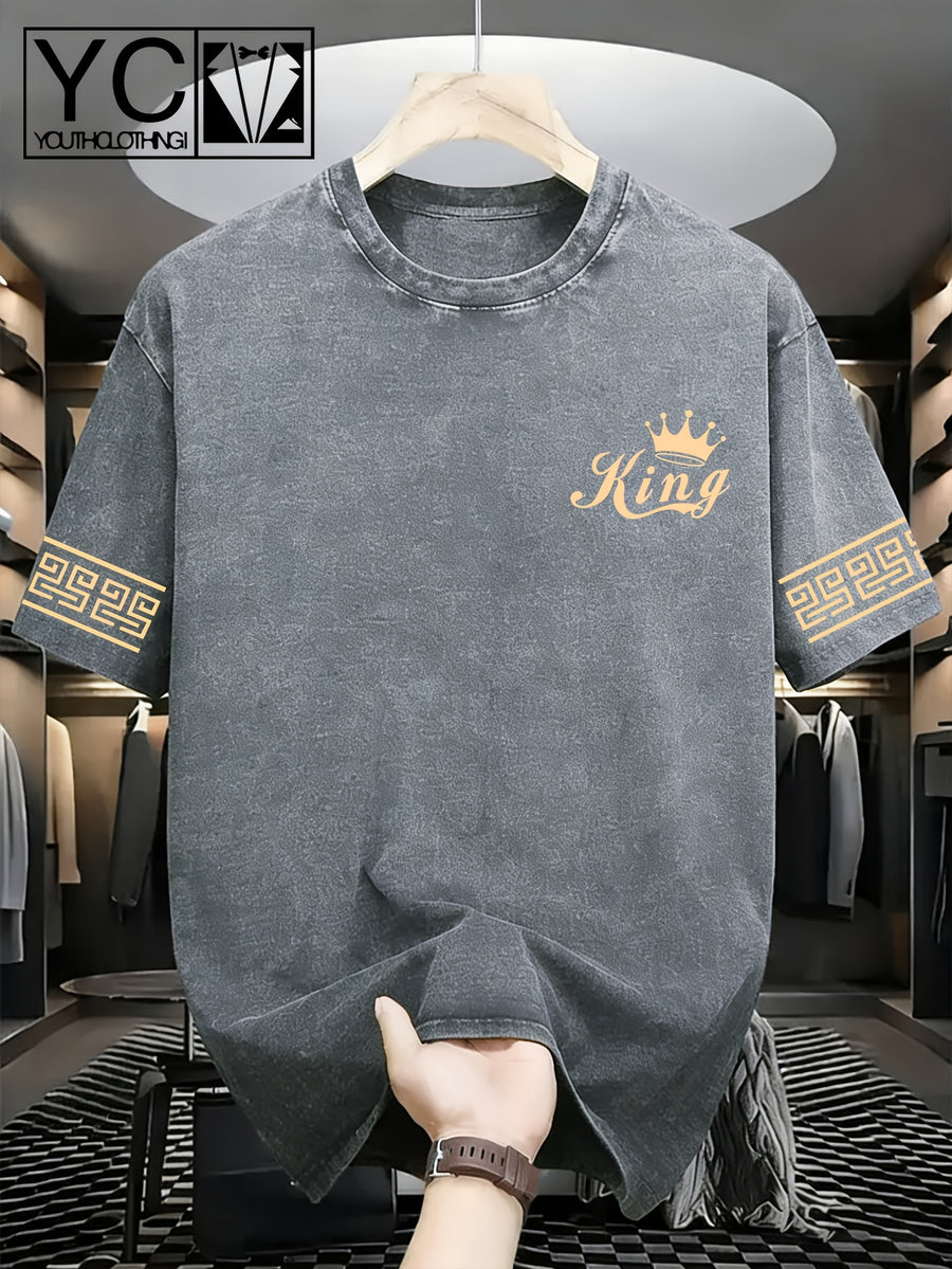 Men'S Short-Sleeve T-Shirt with Trendy Greek Key Pattern Print on Cuffs And Distressed Wash End; Machine-Washable, Loose-Fit Crewneck Top with Textured Washed Look - Light Gray 2