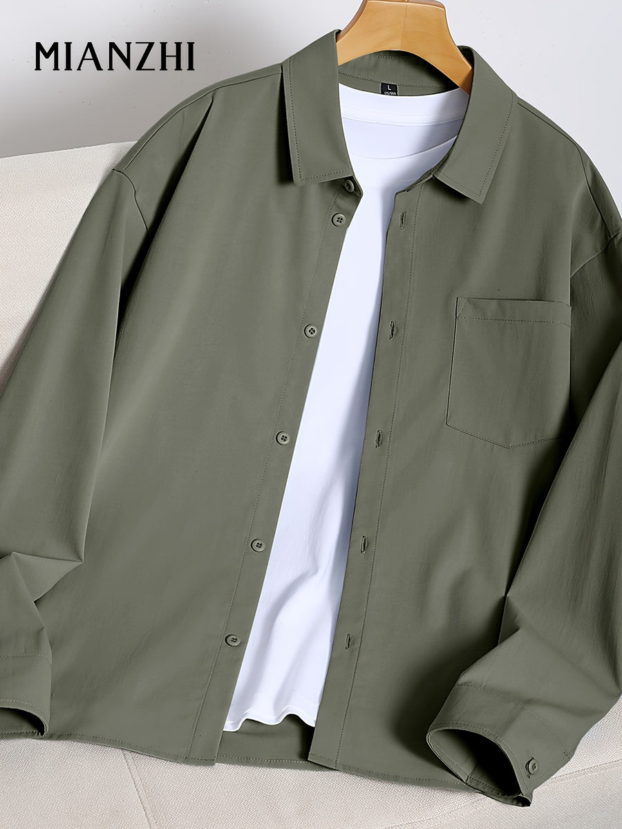 MIANZHI Men's Shirt, Japanese-Style Casual Long-Sleeve Shirt, New Spring/Autumn Loose-Fit Outerwear, Versatile Solid Color Turn- Collar Shirt for Men - Gray Green