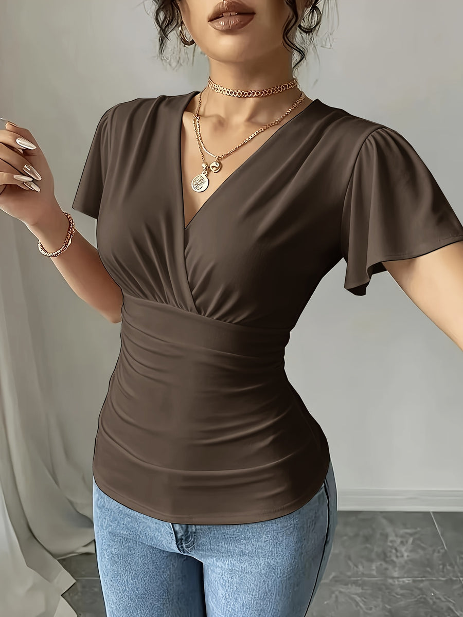 Women'S Spring Summer Casual V-Neck Solid Color Commuter T-Shirt - Coffee Brown