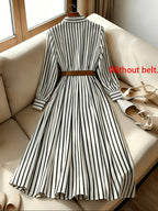 Women's Vertical Striped Shirt Midi Dress with Collar & Waistband - Button-Front A-Line Dress Suitable for Office, Business Casual, Travel | -Compatible for Style | Machine Washable Vertical Stripes for Commuting & Dating - Mixed colors