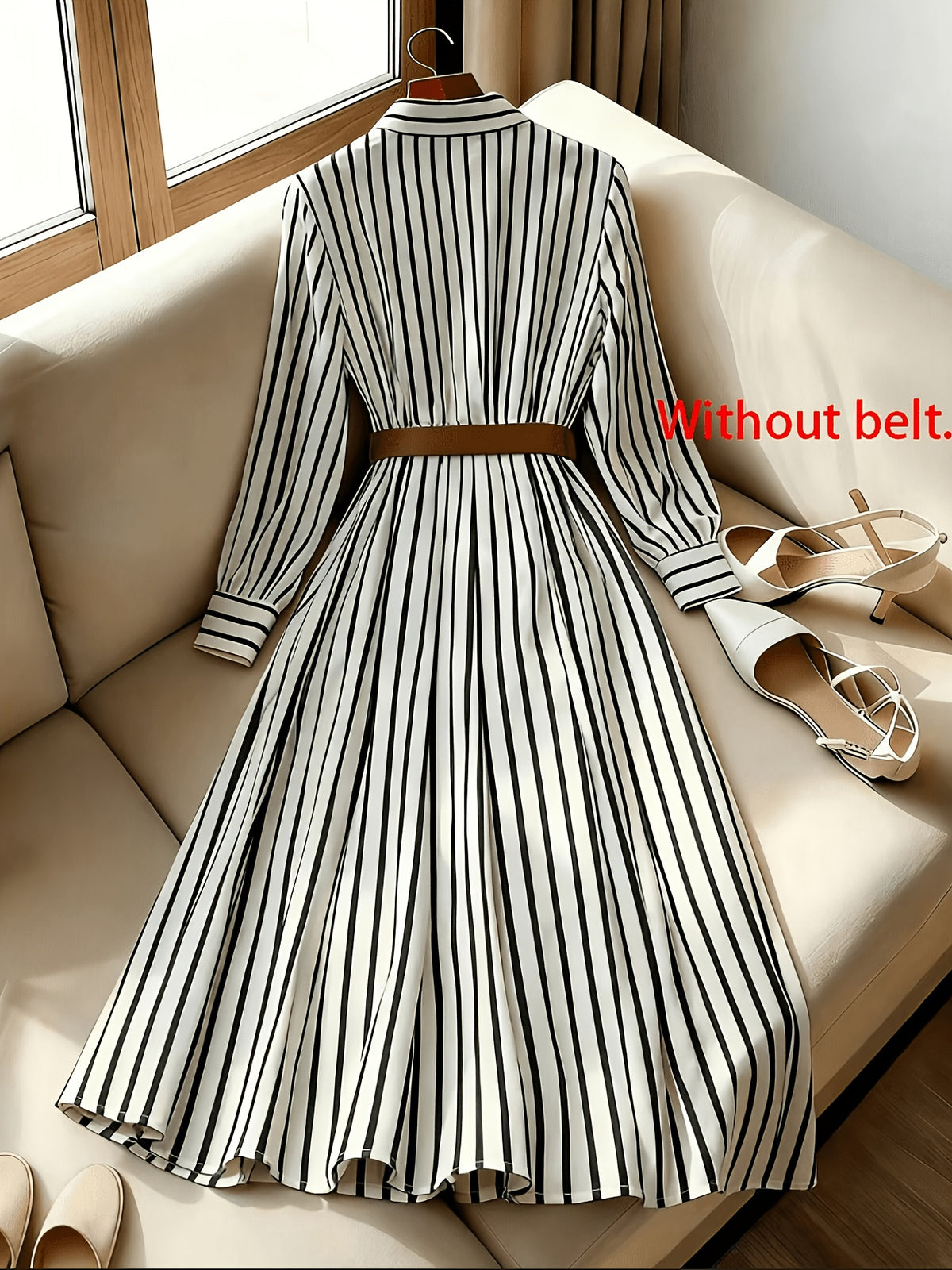 Women's Vertical Striped Shirt Midi Dress with Collar & Waistband - Button-Front A-Line Dress Suitable for Office, Business Casual, Travel | -Compatible for Style | Machine Washable Vertical Stripes for Commuting & Dating - Mixed colors
