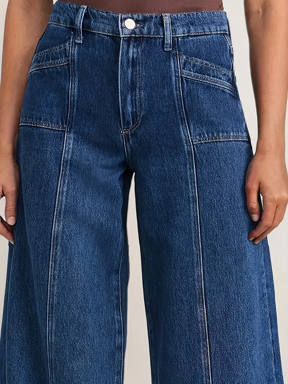 Women's Dark Blue High-Waisted Loose Wide-Leg Jeans with Fashionable Design Pockets - Blue