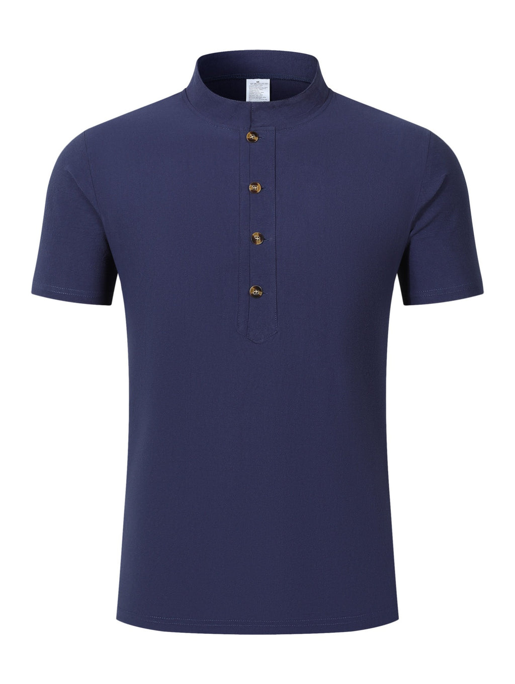 Men's Mountain Graphic Short Sleeve Henley Shirt, Mandarin Collar Half Placket Button Casual T-Shirt, Lightweight And Linen Blend Texture Summer Beach Tops - Navy Color