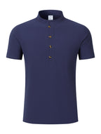 Men's Mountain Graphic Short Sleeve Henley Shirt, Mandarin Collar Half Placket Button Casual T-Shirt, Lightweight And Linen Blend Texture Summer Beach Tops - Navy Color