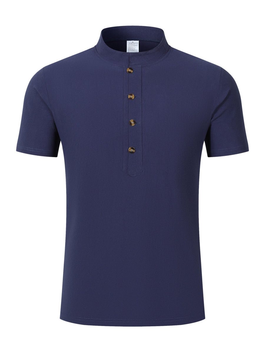 Men's Mountain Graphic Short Sleeve Henley Shirt, Mandarin Collar Half Placket Button Casual T-Shirt, Lightweight And Linen Blend Texture Summer Beach Tops - Navy Color