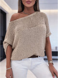 Women's Off-Shoulder/ Neck Sweater - Semi-Sheer Hollow-Out Short-Sleeve Pullover, Neck Blouse-Compatible Sweater Suitable for Spring/Summer, Machine Washable Solid Color Minimalist Top - Khaki