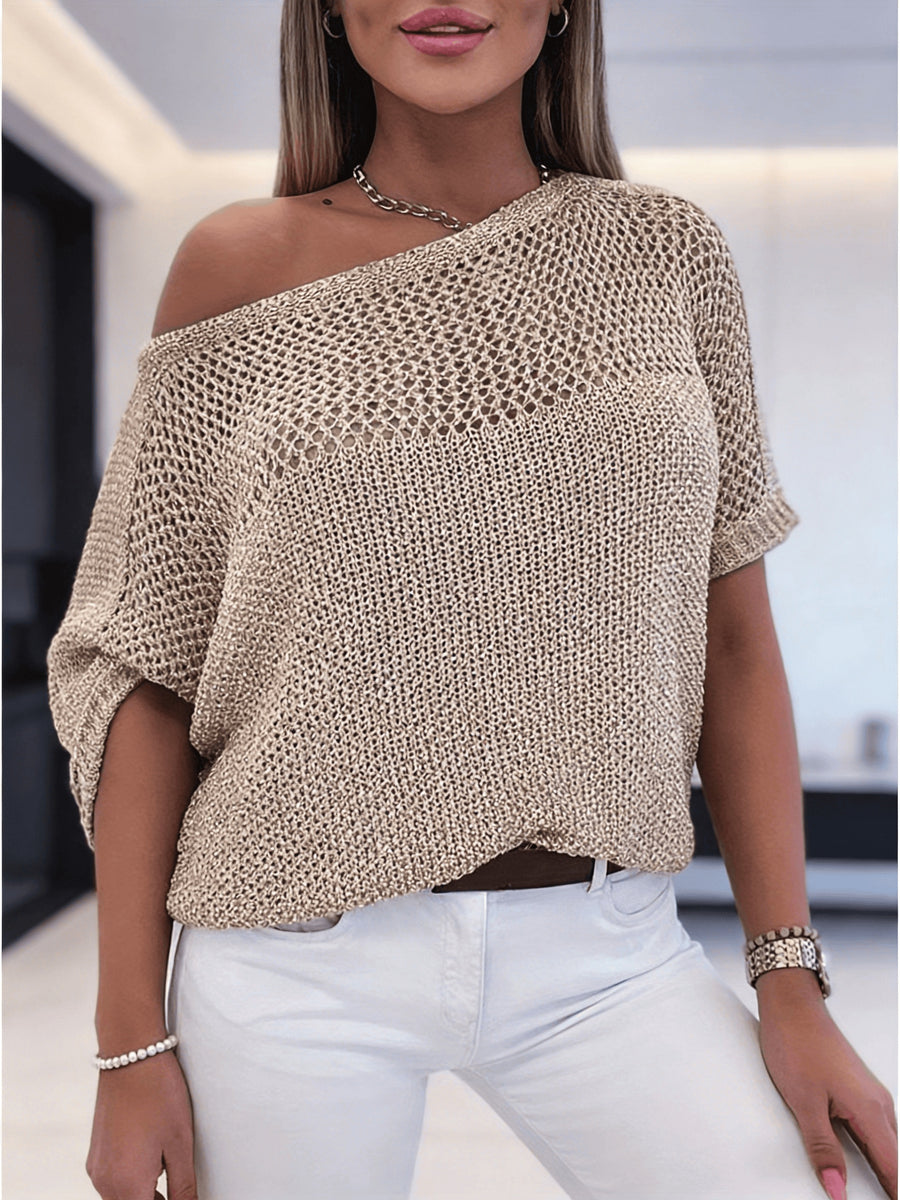Women's Off-Shoulder/ Neck Sweater - Semi-Sheer Hollow-Out Short-Sleeve Pullover, Neck Blouse-Compatible Sweater Suitable for Spring/Summer, Machine Washable Solid Color Minimalist Top - Khaki