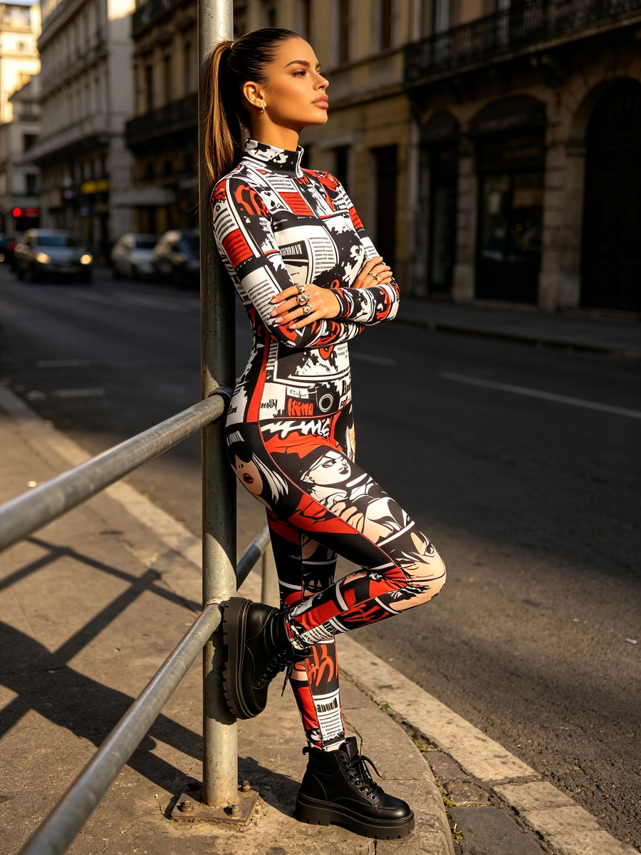 Vintage Newspaper Comic Print Bodysuit for Women, Autumn/Winter New Arrival, Cool and Edgy American Street Style for Trendy Hot, Nightclub and Party Outfit, Stretchy Bodycon, Themed Party Cosplay, Halloween and Carnival Costume - Mixed colors