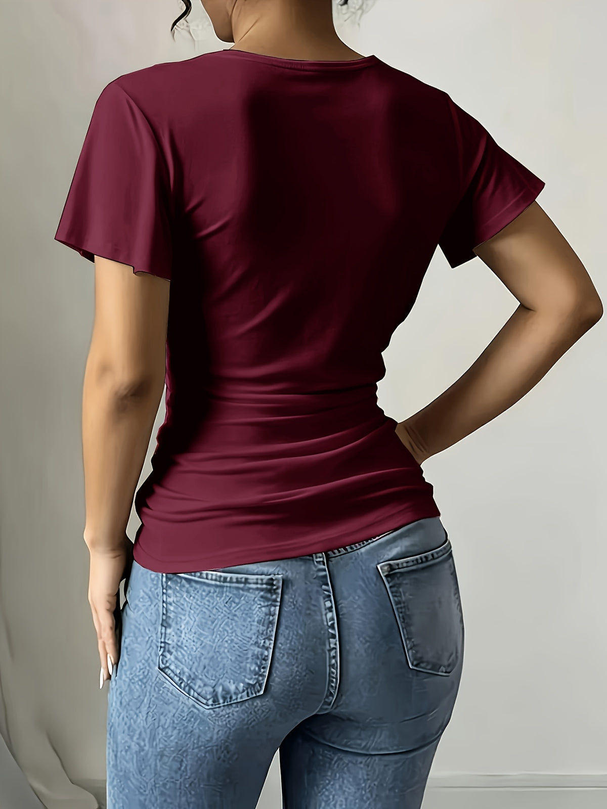 Women'S Spring Summer Casual V-Neck Solid Color Commuter T-Shirt - Burgundy