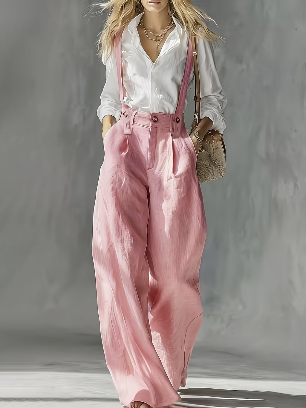 New Spring/Summer Fashion High-Waist Pleated Suspender Pants, Vintage Temperament Commuter Straight-Leg Casual Trousers - Pink