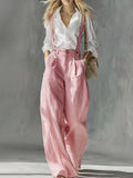 New Spring/Summer Fashion High-Waist Pleated Suspender Pants, Vintage Temperament Commuter Straight-Leg Casual Trousers - Pink
