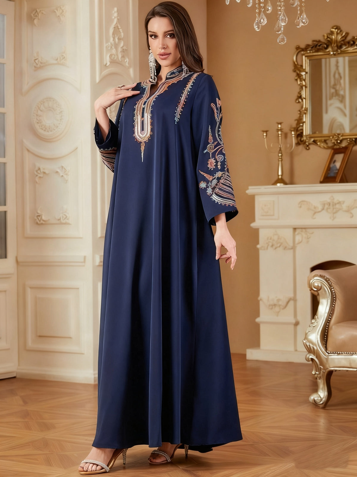1pc Elegant Dubai Floral Embroidery Abaya Dress - Long Sleeve Non-Stretch Fabric, All-Season Middle Eastern Style Conservative Women'S Dress - Navy Color