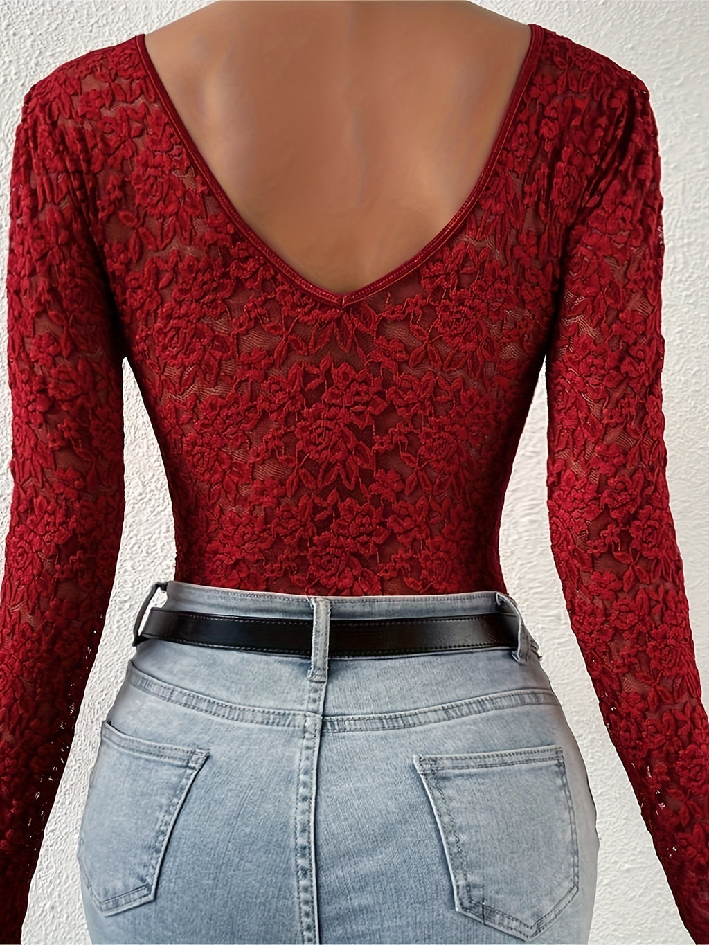 Sexy Spicy Style Deep-V Backless Lace Rose Printed Sheer Skinny Long Sleeve Bodysuit - Burgundy