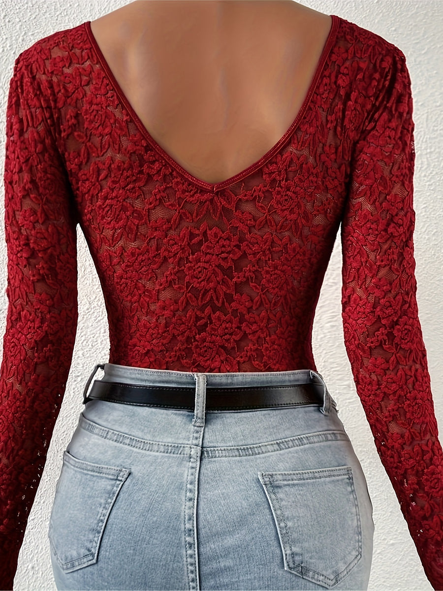 Sexy Spicy Style Deep-V Backless Lace Rose Printed Sheer Skinny Long Sleeve Bodysuit - Burgundy