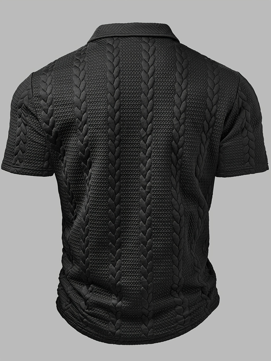 Men's Fashion Top, Spring/Summer Outdoor Casual Randomly Cut Wheat Ear Textured Fabric, Solid Color Lapel Button Patch Short Sleeve Men's Polo Shirt - Black