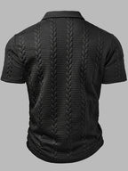 Men's Fashion Top, Spring/Summer Outdoor Casual Randomly Cut Wheat Ear Textured Fabric, Solid Color Lapel Button Patch Short Sleeve Men's Polo Shirt - Black