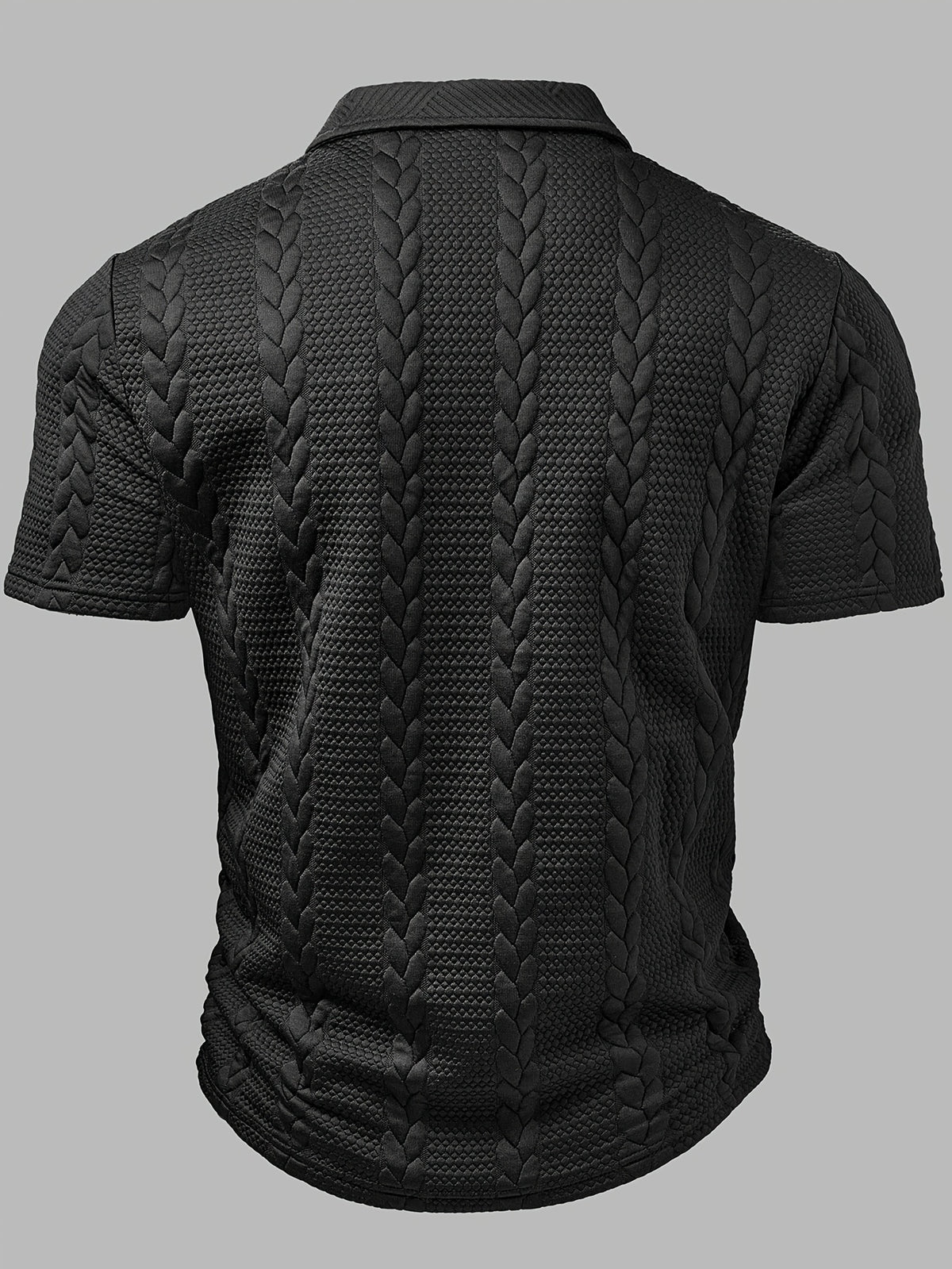 Men's Fashion Top, Spring/Summer Outdoor Casual Randomly Cut Wheat Ear Textured Fabric, Solid Color Lapel Button Patch Short Sleeve Men's Polo Shirt - Black