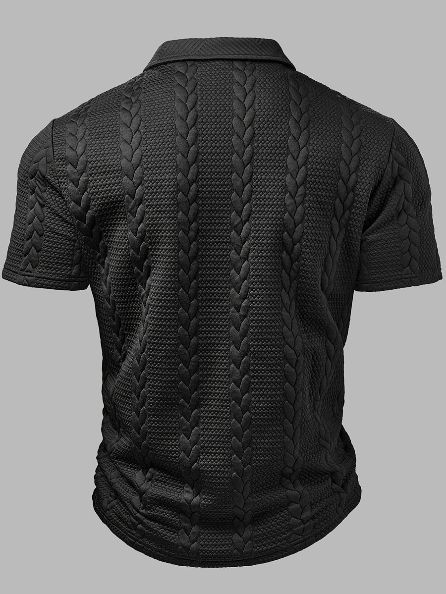 Men's Fashion Top, Spring/Summer Outdoor Casual Randomly Cut Wheat Ear Textured Fabric, Solid Color Lapel Button Patch Short Sleeve Men's Polo Shirt - Black
