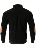 [Pearson OBM] Contrast Collar Half-Zipper Men'S Vertical Striped Long Sleeve Knit Sweater, Elbow Patch Casual Elastic Slim Commute All-Match Fall Top - Pure Black
