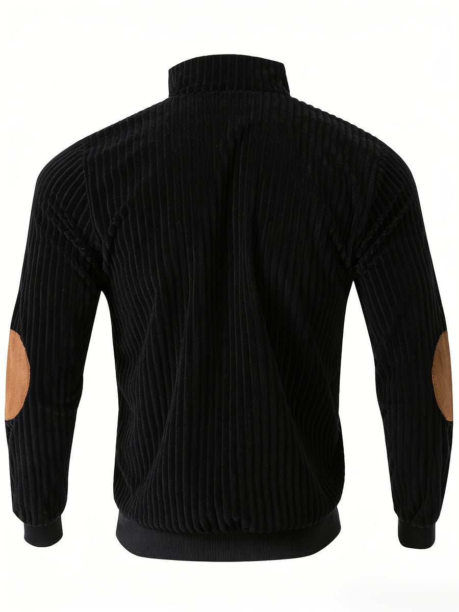 [Pearson OBM] Contrast Collar Half-Zipper Men'S Vertical Striped Long Sleeve Knit Sweater, Elbow Patch Casual Elastic Slim Commute All-Match Fall Top - Pure Black