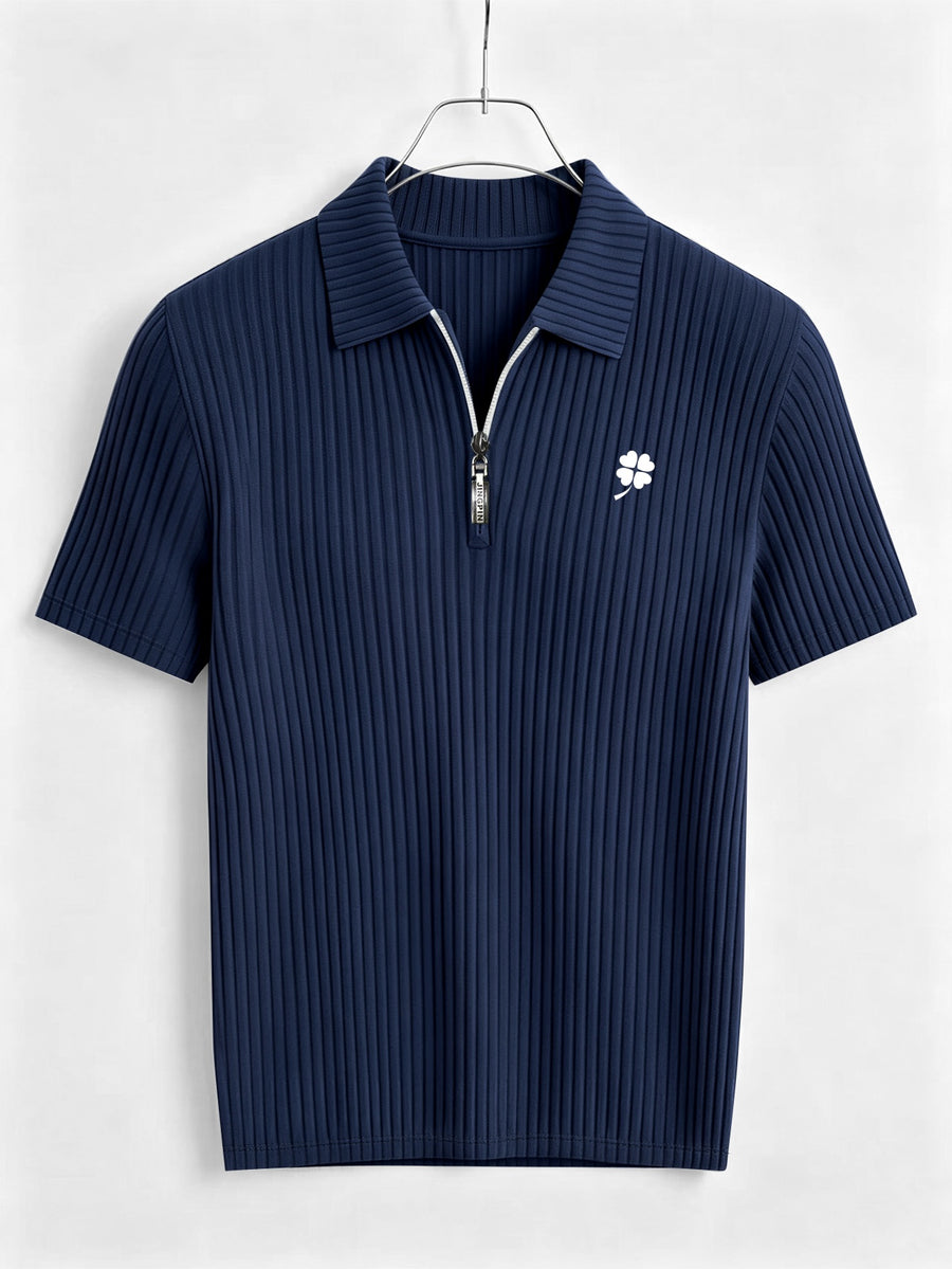 Men's Summer Casual Half-Zip Lapel Outdoor Sports Printed Short-Sleeve Polo Shirt - Navy Color
