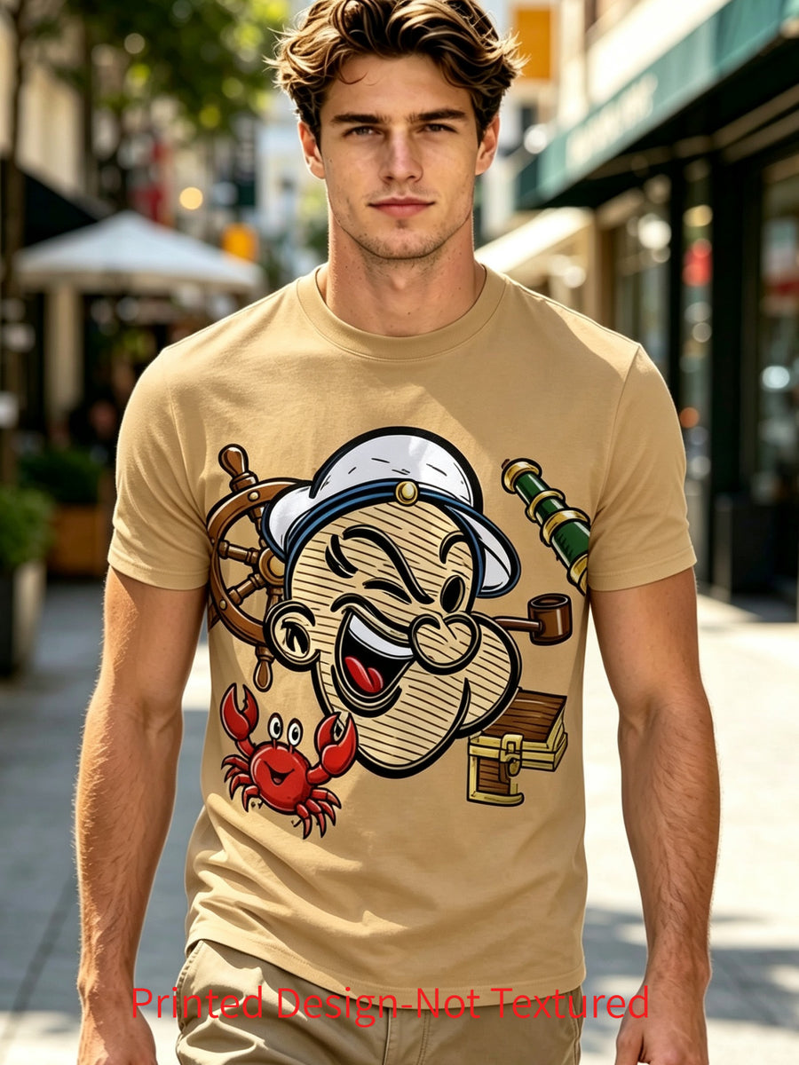 Print Design-Not Textured, Men'S T-Shirt, Retro Lithograph of Popeye Steering Wheel Print Short Sleeve, American Nostalgic Casual Commute All-Match Short Sleeve T-Shirt - Mixed colors