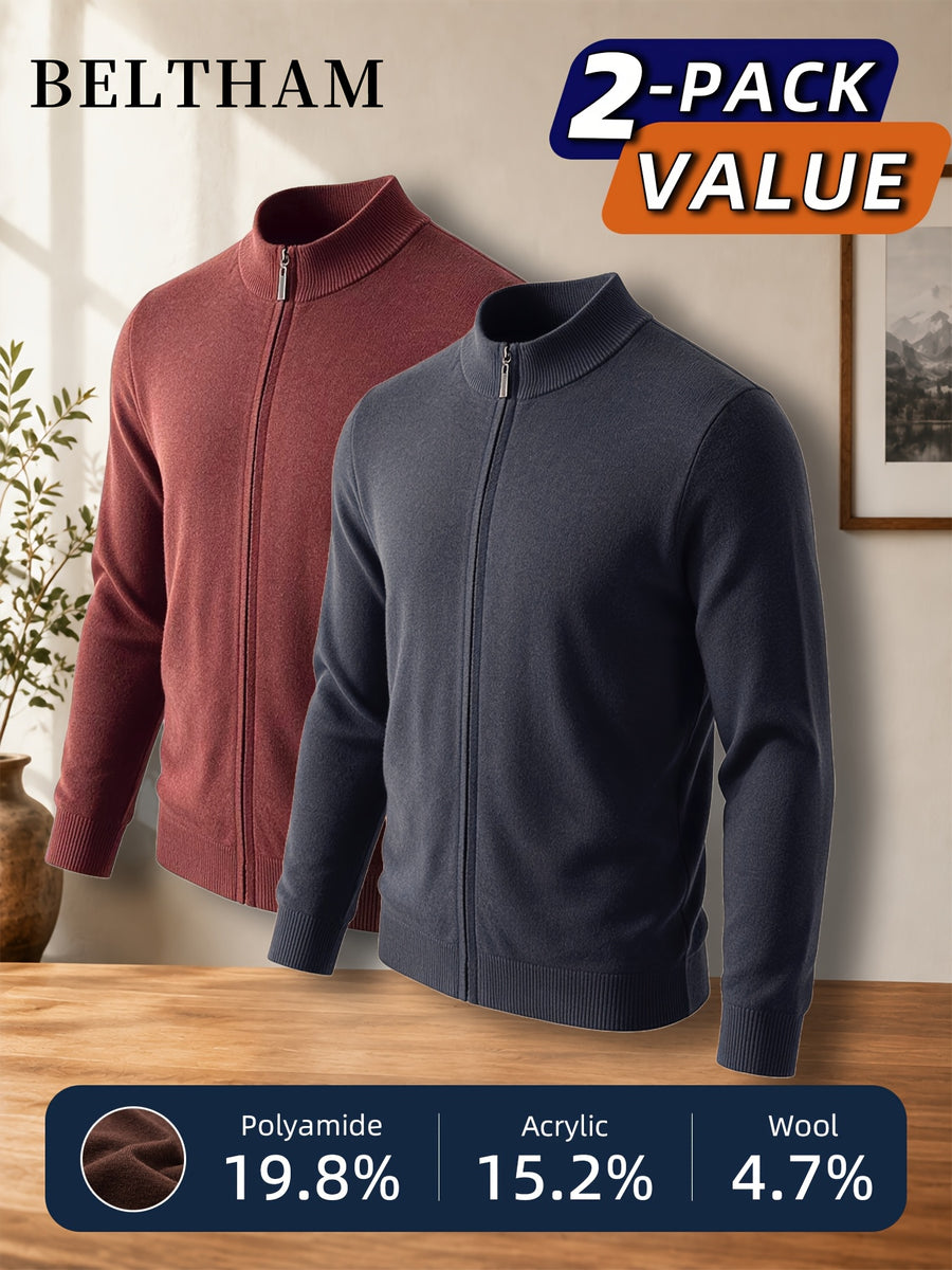 2pcs New Spring Autumn Winter Men'S Knit Cardigan, Ideal Gift for Father And Husband, Solid Color Zipper Design Sweater, Elegant Versatile Knit Cardigan Coat, Suitable for Daily Casual Business Sports Outdoor Camping Fishing Wear - Brick red + iron gray