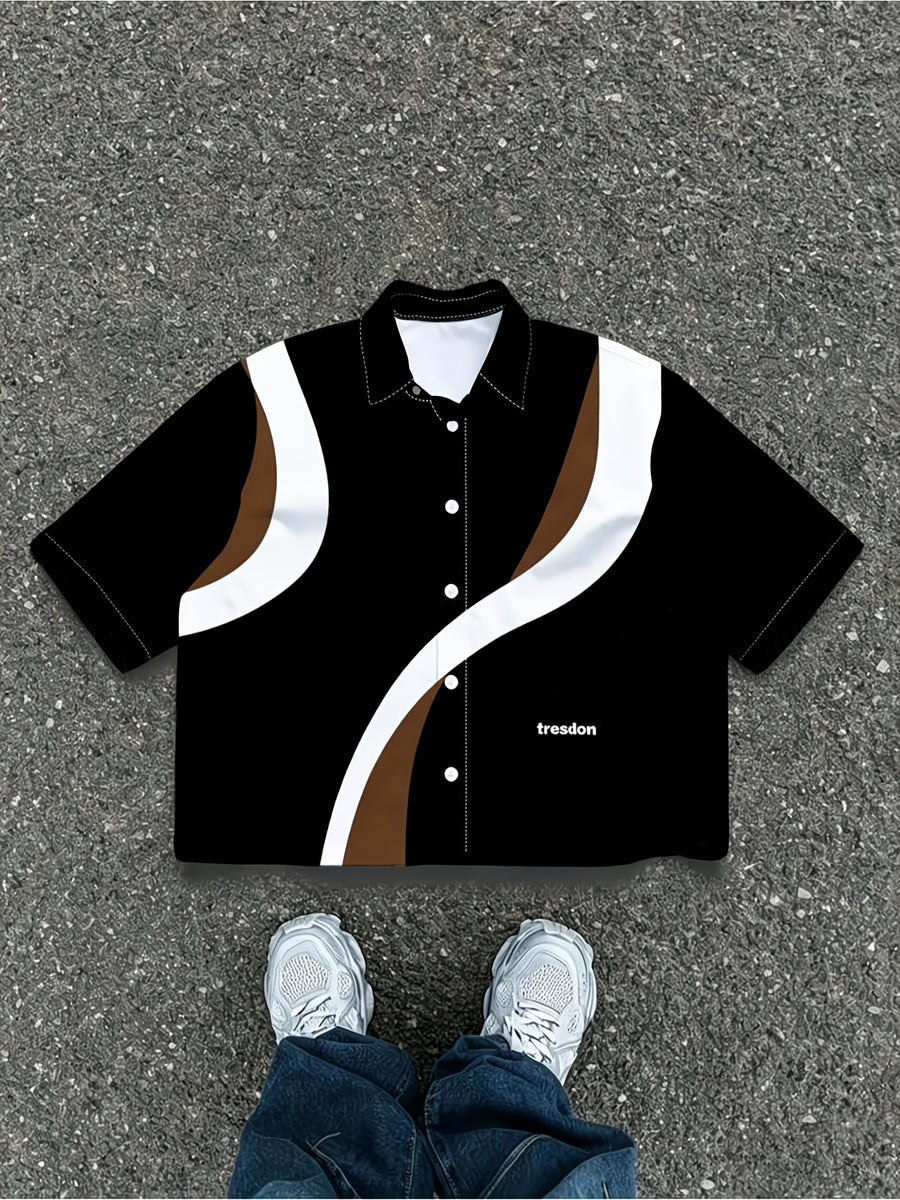 [Printed Design - Not Textured] Men'S Color-Block Streamlined Wavy Line Short Sleeve Shirt, Summer American Easy Street Short Shirt, Suitable for Men'S Daily Wear, Fashionable And Elegant; Modern Minimalist Style - Mixed colors