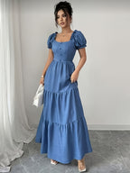 Elegant Daily Casual Women's Long Dress with Unique Neckline, Multi-Layer Patchwork, Ruffle Trim, Slim-Fit Bohemian Style Maxi Dress - Blue