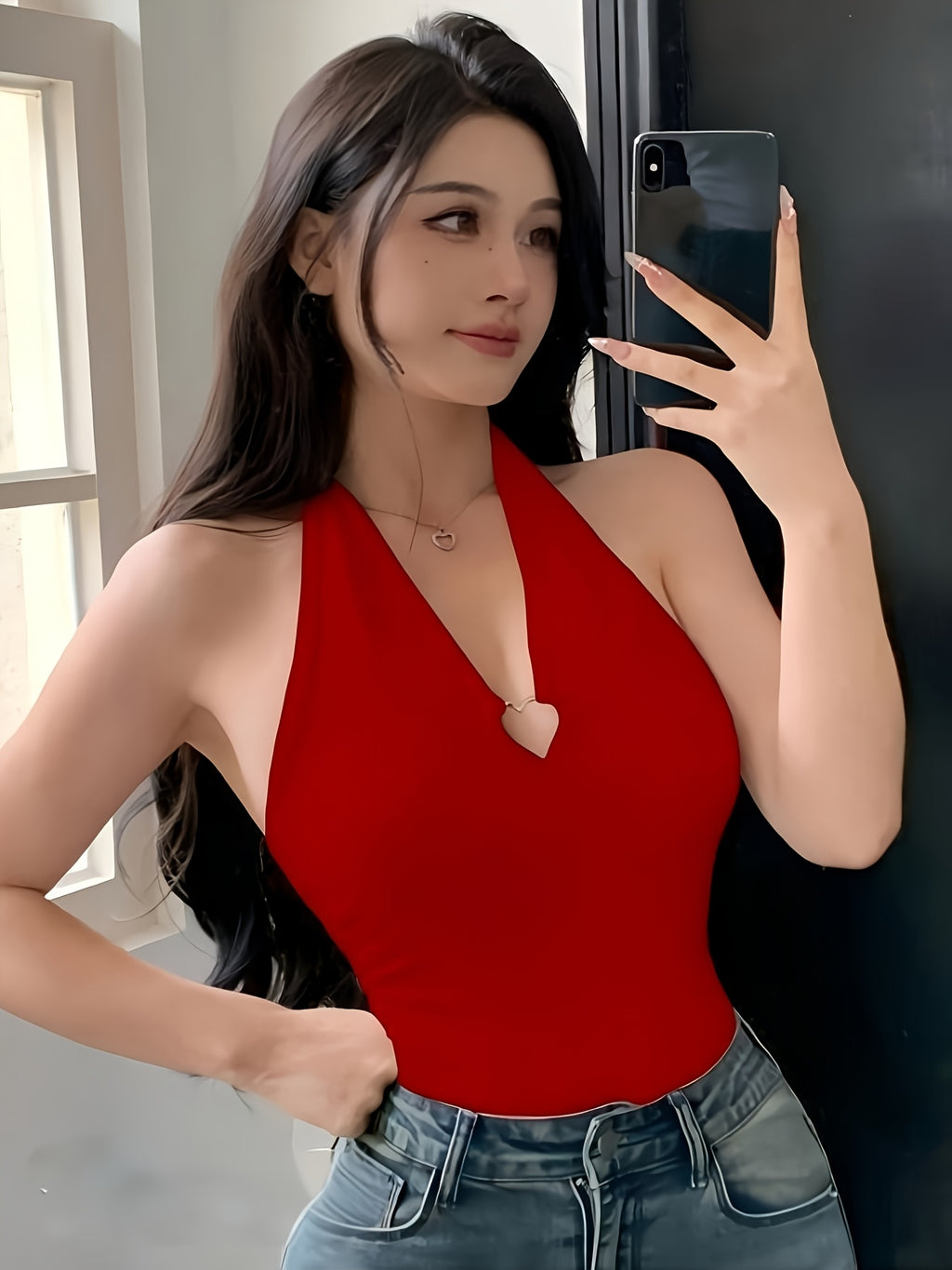 Women's Summer Solid Color Slim-Fit Halter Neck Tank Top with Heart Ring - Red