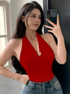 Women's Summer Solid Color Slim-Fit Halter Neck Tank Top with Heart Ring - Red