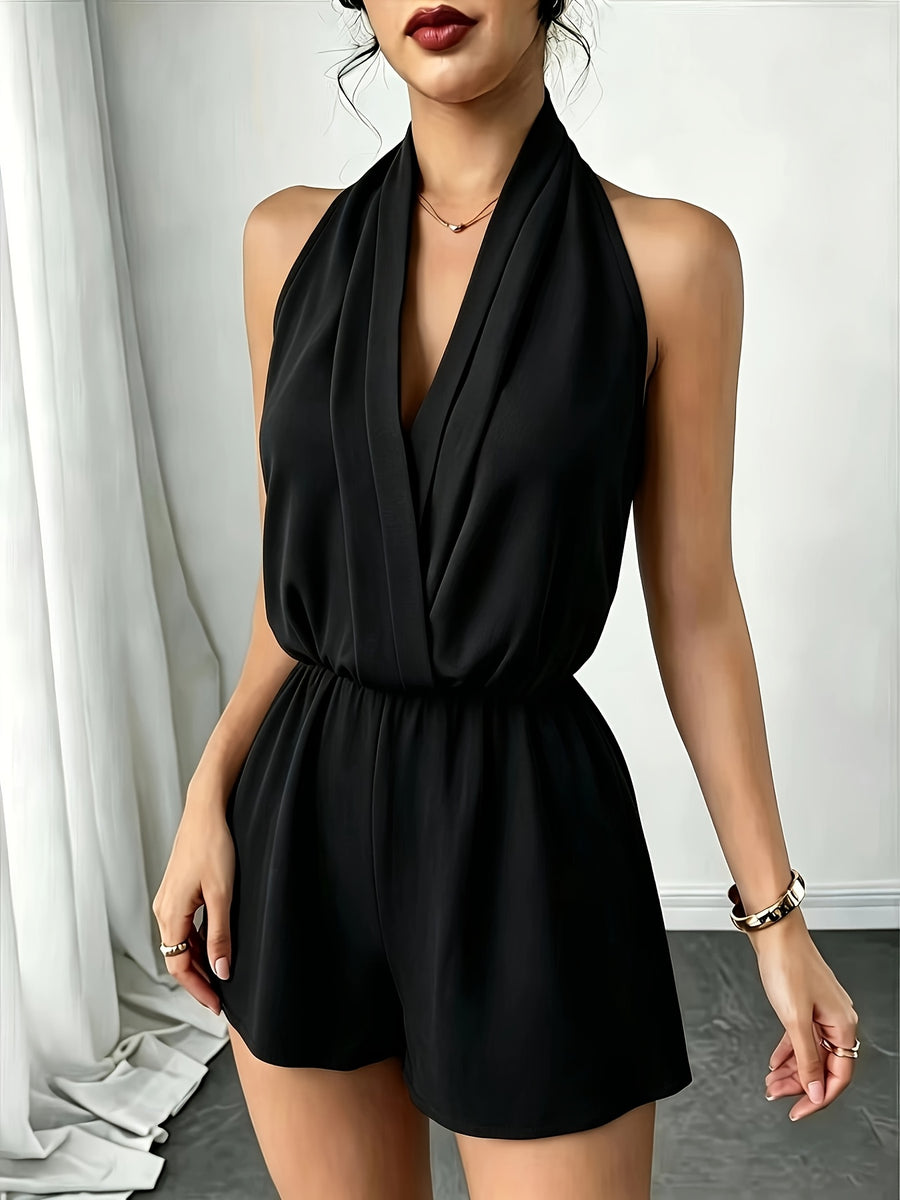 French Halter Deep V Pleated Shorts, Waist-Cinching Sleeveless Casual Solid-Colored Jumpsuit - Black